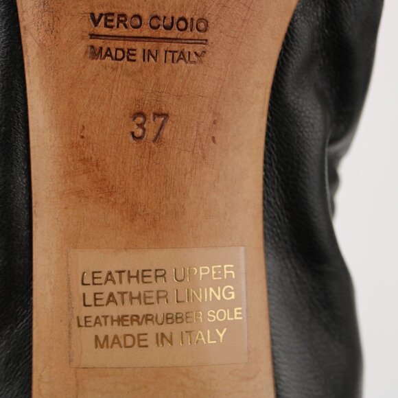 AGL Womens Pump Size 37 7 Black Leather Cap Toe Block Heel Elastic Trim Italy - Picture 11 of 12